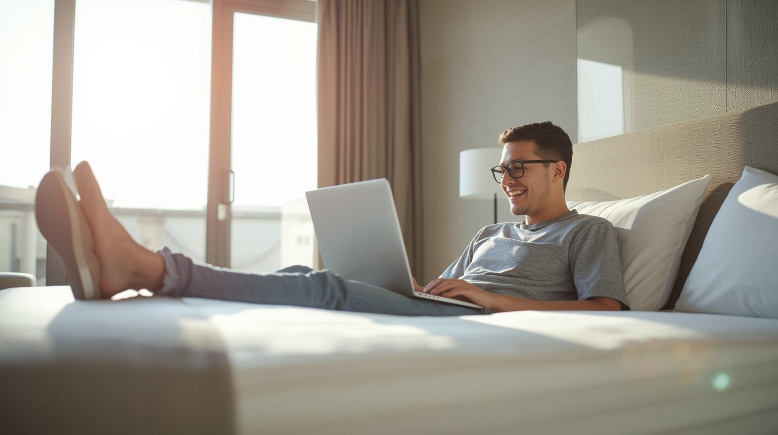 Smiling traveler using laptop in bright hotel room with natural sunlight.