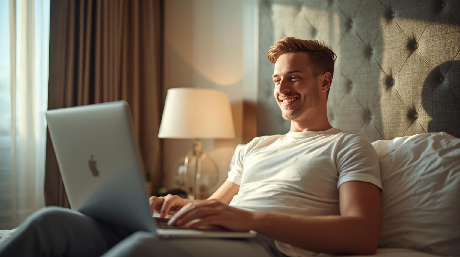 Man happily playing online casino on laptop inside bright modern hotel room.