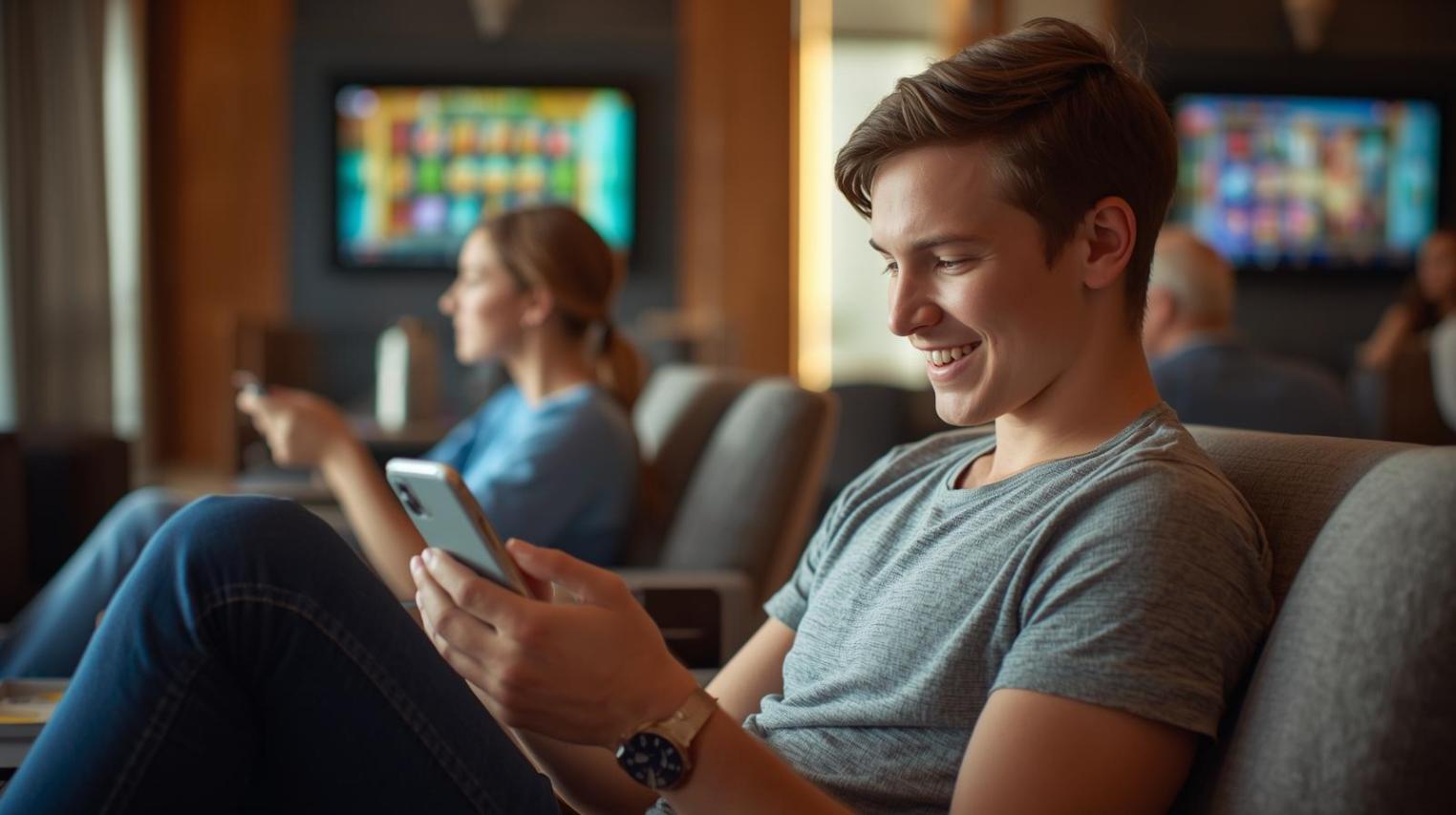 Smiling traveler enjoys mobile gaming in a bright hotel lounge with blurred screen.