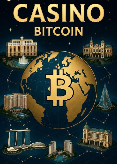 globe with a Bitcoin symbol and famous casino landmarks