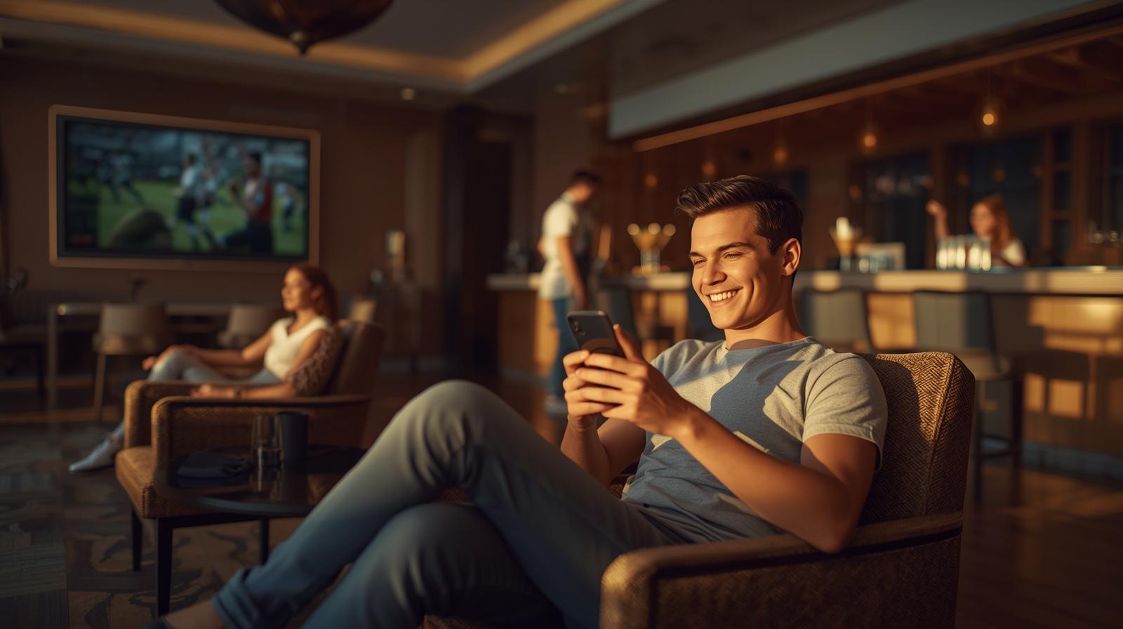 Young traveler smiling in hotel lounge enjoying digital entertainment and vibrant atmosphere.