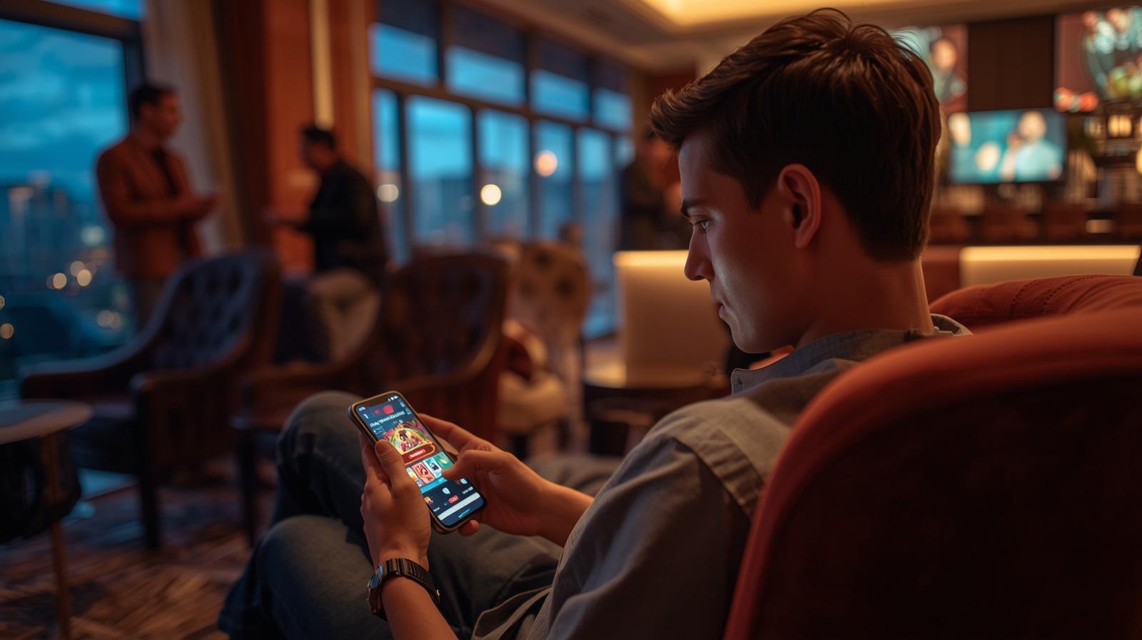 Traveler enjoys vibrant casino resort lounge atmosphere during an energetic luxury evening.