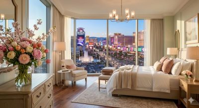 A luxurious spring hotel room with large windows overlooking a vibrant casino district